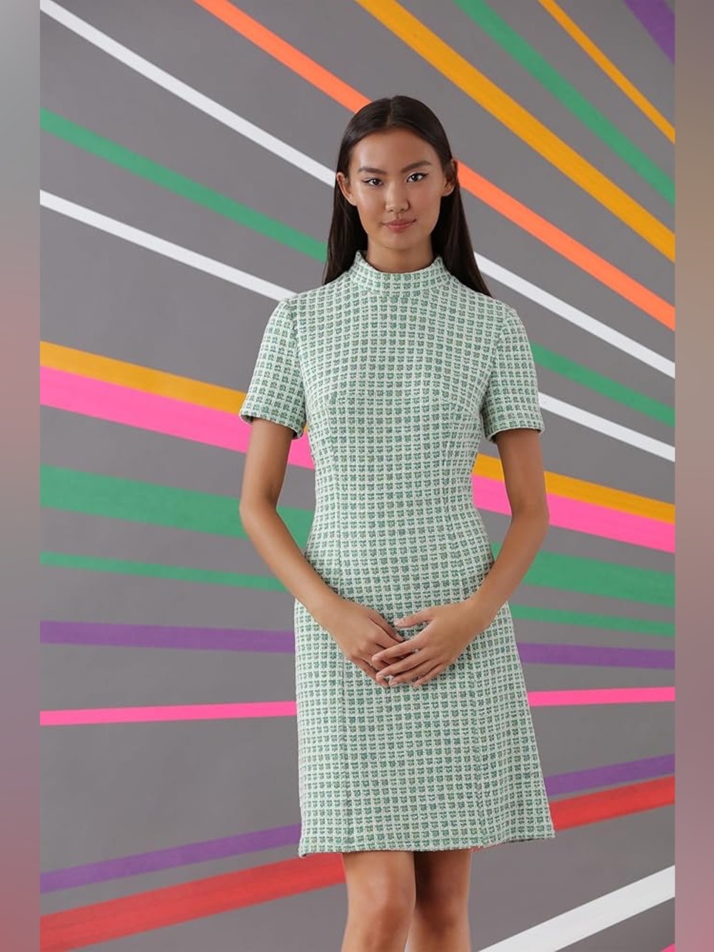 (A1) Donna Morgan Green Plaid Mock Neck Dress 10 Excellent Tweed Novelty